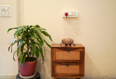 Wooden rattan console and indoor plant adding earthy, homestyle detail to the Ground Floor Haven.