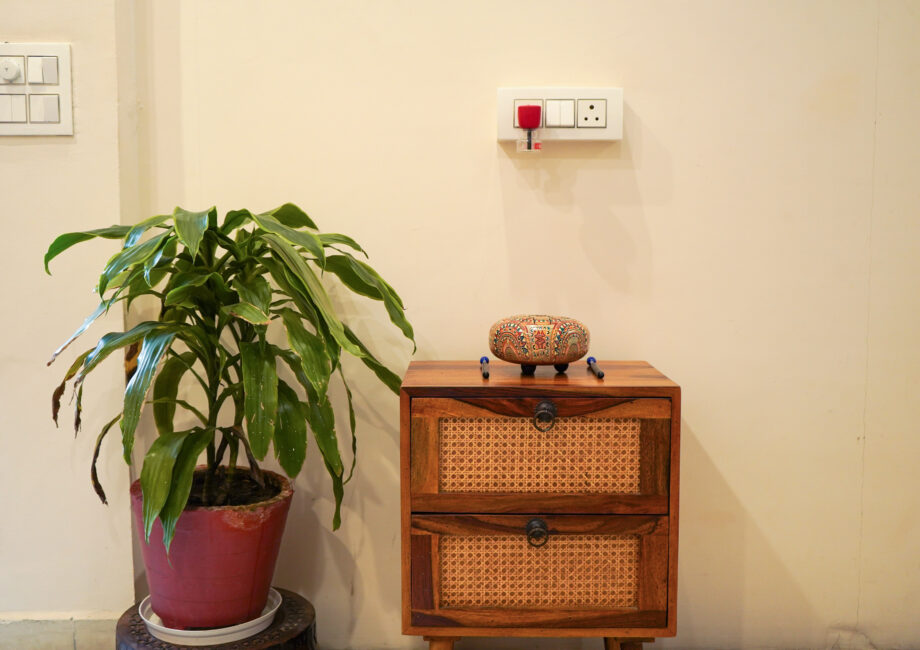 Wooden rattan console and indoor plant adding earthy, homestyle detail to the Ground Floor Haven.