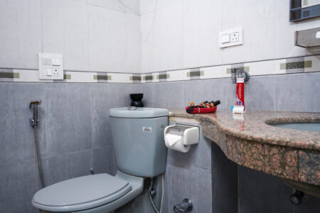 Bathroom counter with toiletries and clean finishes