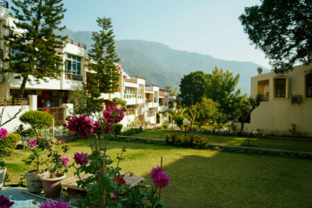 Evening and morning view of villa exterior with Himalayan range