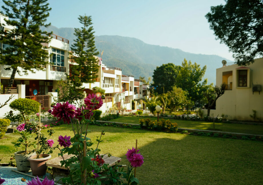 Evening and morning view of villa exterior with Himalayan range