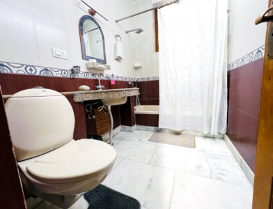 Ensuite bathroom wide: toilet, granite vanity and shower curtain over tub