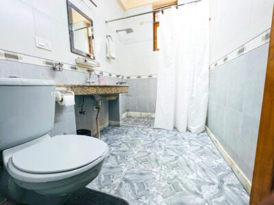 Ensuite bathroom with vanity, mirror, and shower curtain