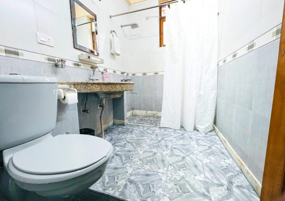 Ensuite bathroom with vanity, mirror, and shower curtain