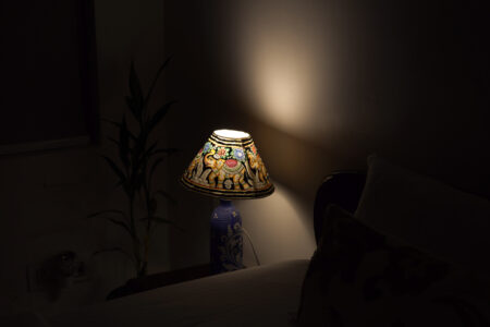 Close‑up of elephant‑motif bedside lampshade glowing at night