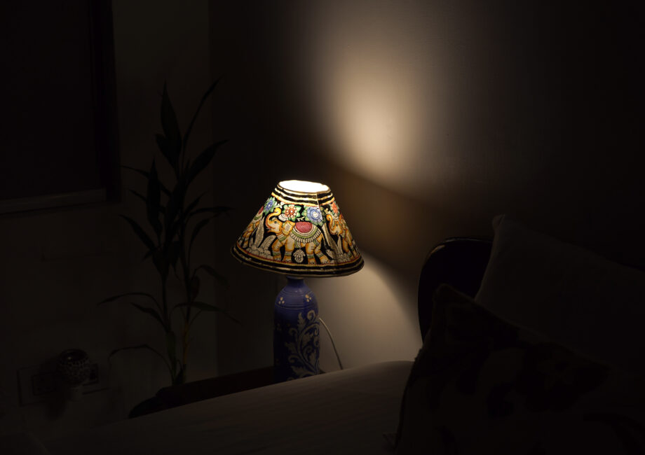 Close‑up of elephant‑motif bedside lampshade glowing at night