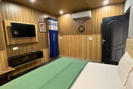 Cozy bedroom with wood-panel walls, wall-mounted TV, AC, and king bed with green duvet at The Basera penthouse.