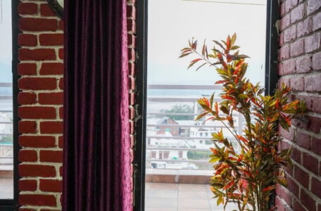 Window nook with purple curtains and a potted plant, opening to a balcony rail and distant city view beyond.